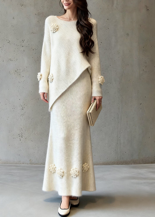Natural Asymmetrical Floral Cotton Knit Sweaters And A Line Skirts Two-Piece Set Spring