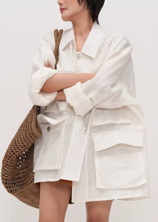 Chic White Oversized Pockets Cotton Shirt Top Summer