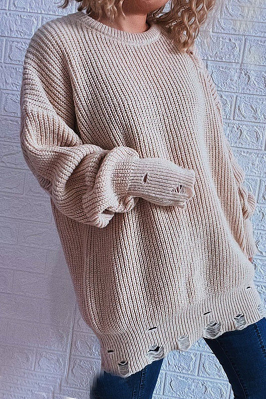 Street Solid Ripped O Neck Tops