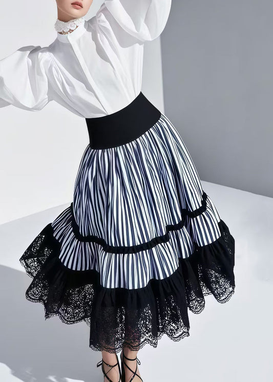 Plus Size Blue Striped Patchwork Lace Skirt Summer