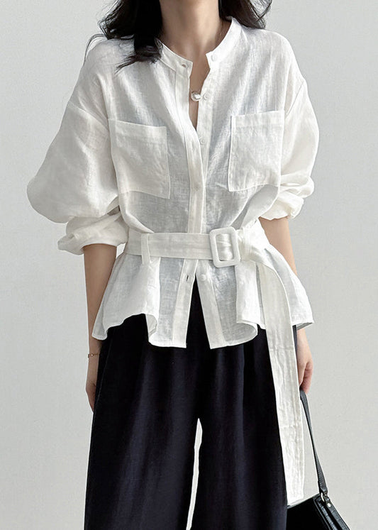 Loose White Pockets Tie Waist Linen Shirt Fall
