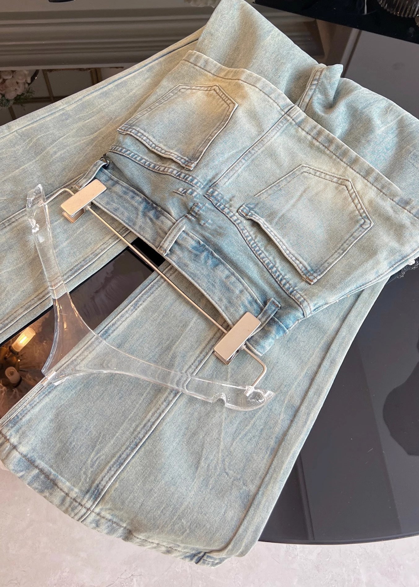 Chic Blue Pockets False Two Pieces Patchwork Denim Pants Fall