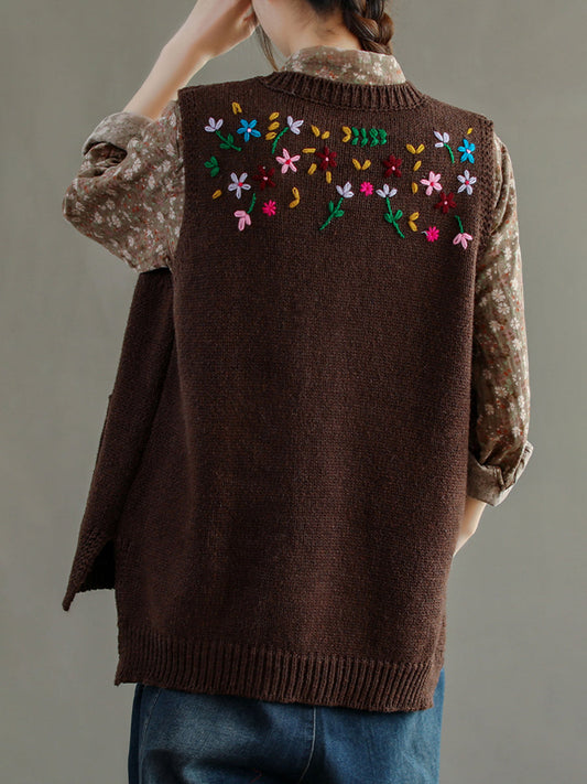 Women Embroidery Cotton Baggy Cardigan Vest