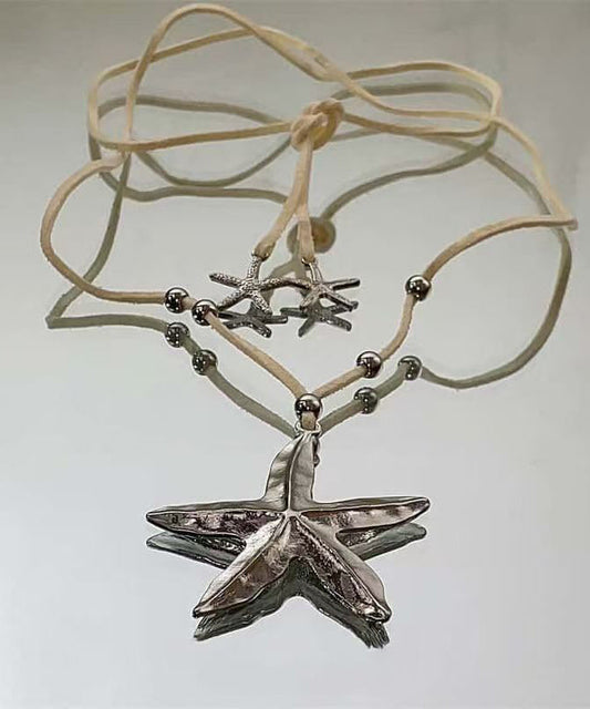 Bohemian Light Yellow Alloy Leather Starfish Pendant Necklace