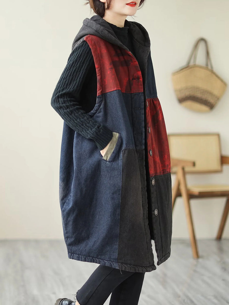 Women Winter Casual Colorblock Hooded Mid Length Waist Coat