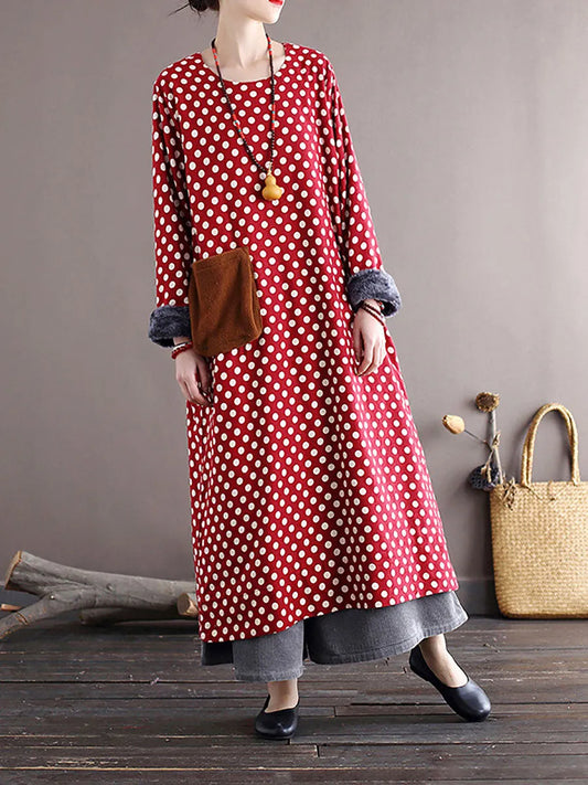 Women Vintage Dot Pocket Loose Thick Dress