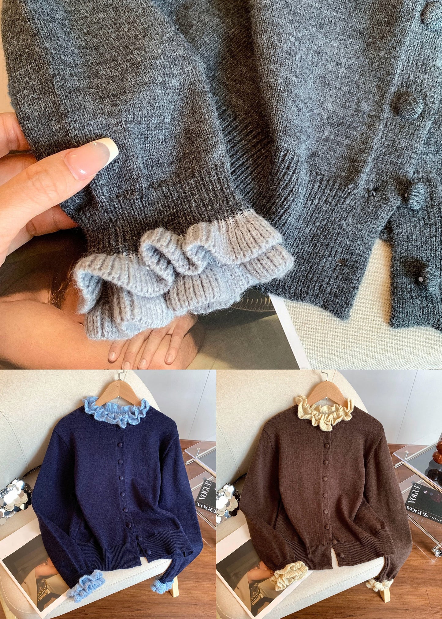 Vintage Coffee Ruffled Button Patchwork Knit Coats Winter