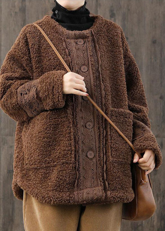 Women Light Blue O-Neck Oversized Lace Patchwork Teddy Faux Fur Coats Winter