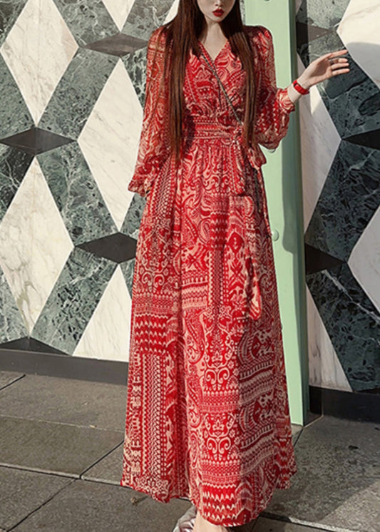 Bohemian Red Print Tie Waist Vacation Long Dresses Spring