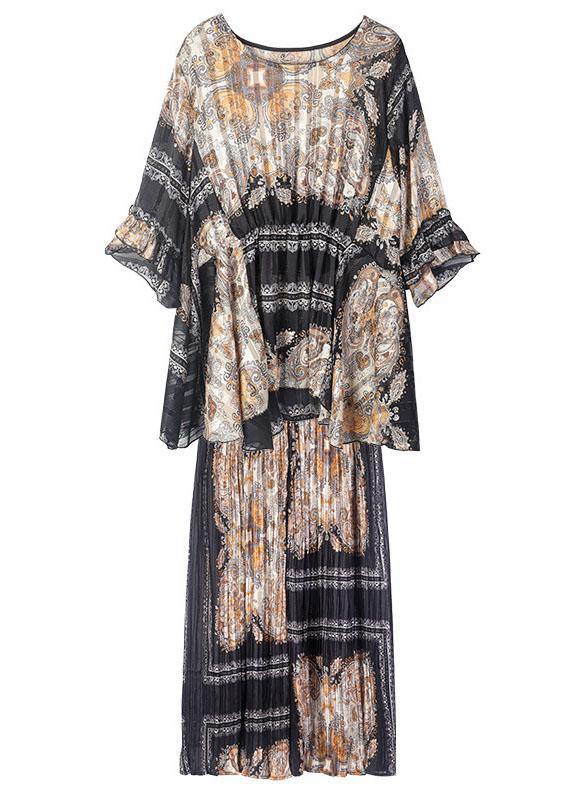 Women Black Print Apricot O-Neck Top Wide Leg Summer Two Pieces Set