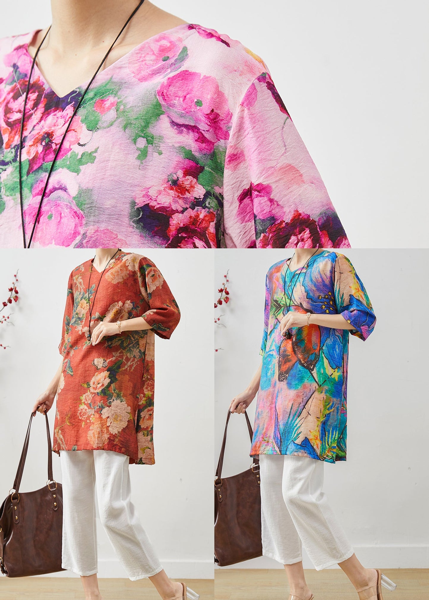 Casual Rose Oversized Print Linen Two Pieces Set Summer