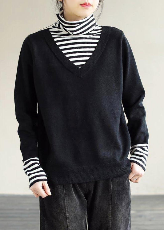 Winter Black Sweaters Loose fitting Patchwork High Neck Knit Tops
