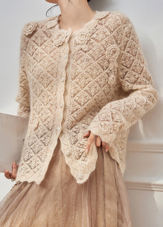 Art Apricot Hollow Out Floral Button Knit Sweater Spring