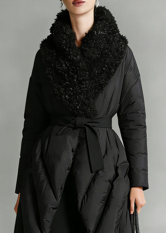 Art Black Patchwork Faux Fur Peter Pan Collar Cotton Winter Down Coat