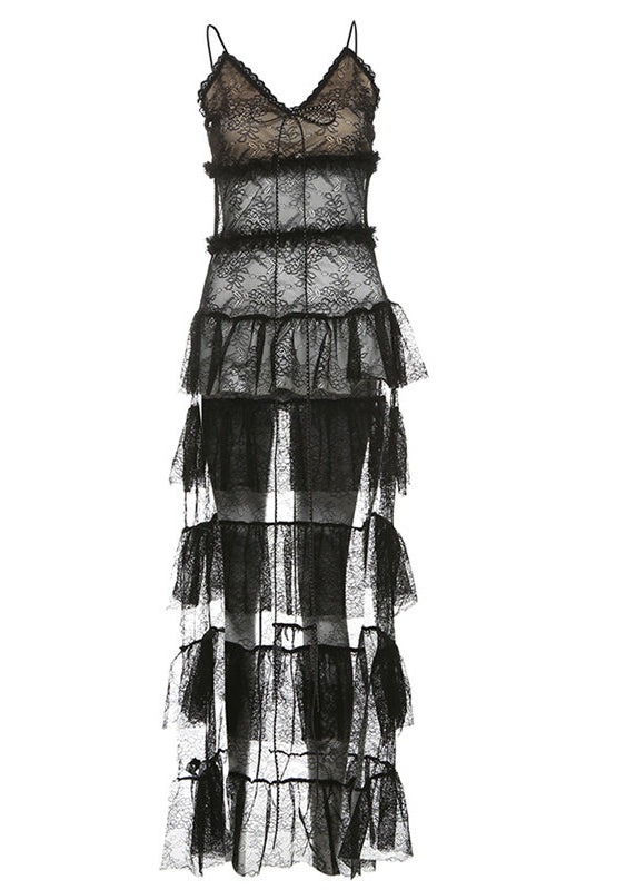 Art Black Tasseled Low High Design Lace Long Dress Summer