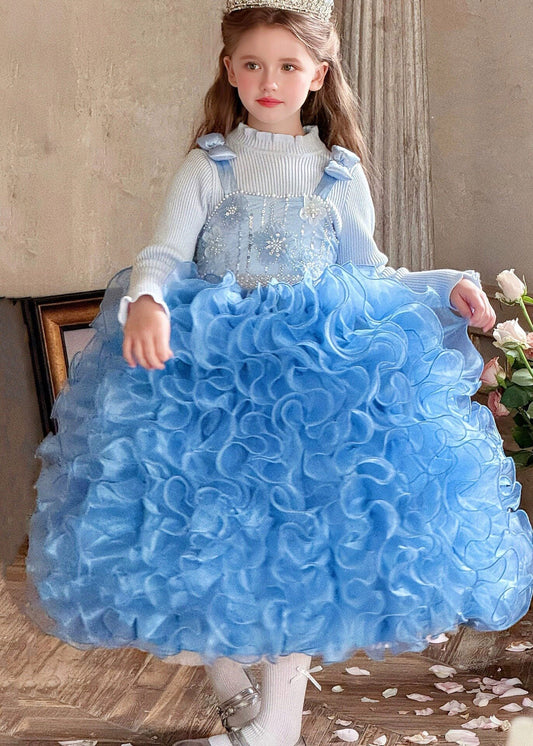 Art Blue Patchwork Sequins Tulle Kids Long Spaghetti Strap Dresses Summer