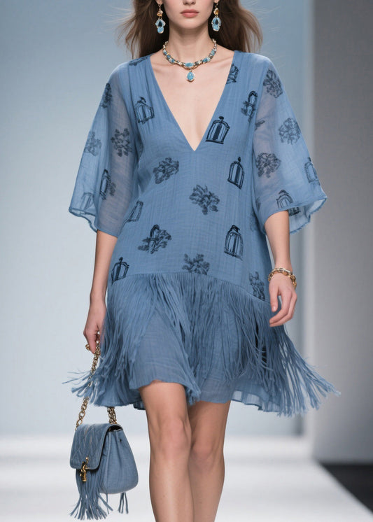 Art Blue V Neck Print Tassel Cotton Mid Dress Summer