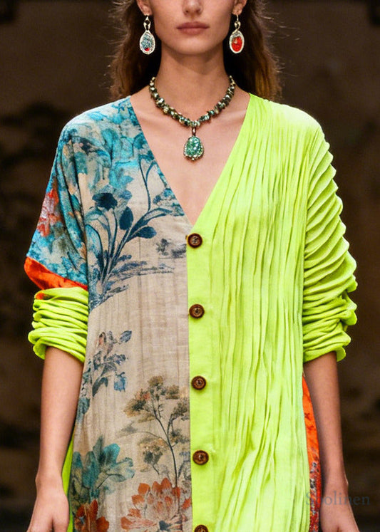 Art Colorblock Asymmetrical Patchwork Button Cotton Vacation Dress Summer