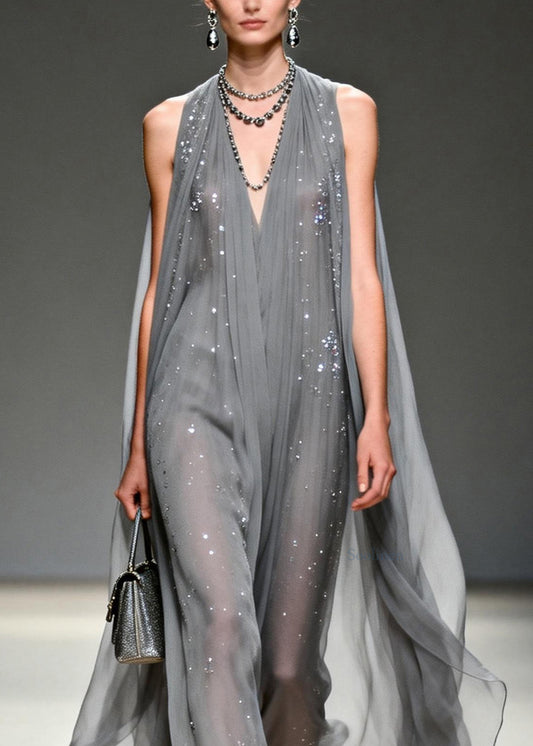 Art Grey V Neck Zircon Chiffon Long Dress Summer
