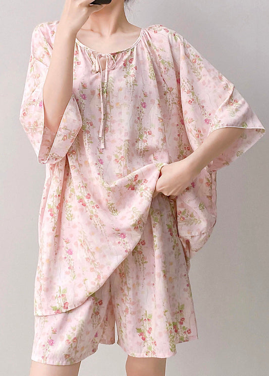 Art Pink Tie Lace Top And Shorts Pajama Set Summer