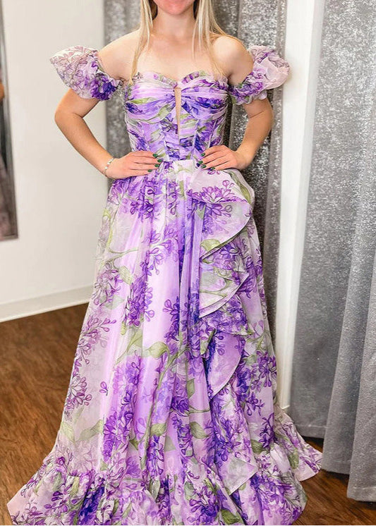 Art Purple Ruffled Asymmetrical Print Chiffon Dress Summer