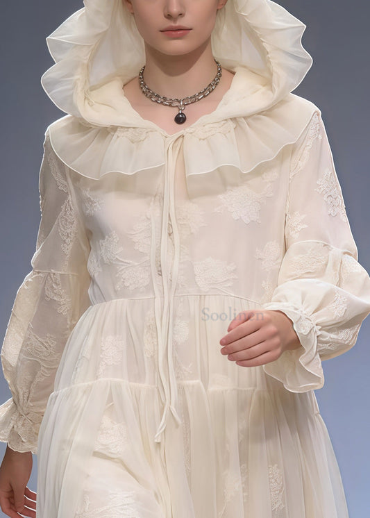 Art White Embroidered Patchwork Tulle Holiday Hooded Dress Spring