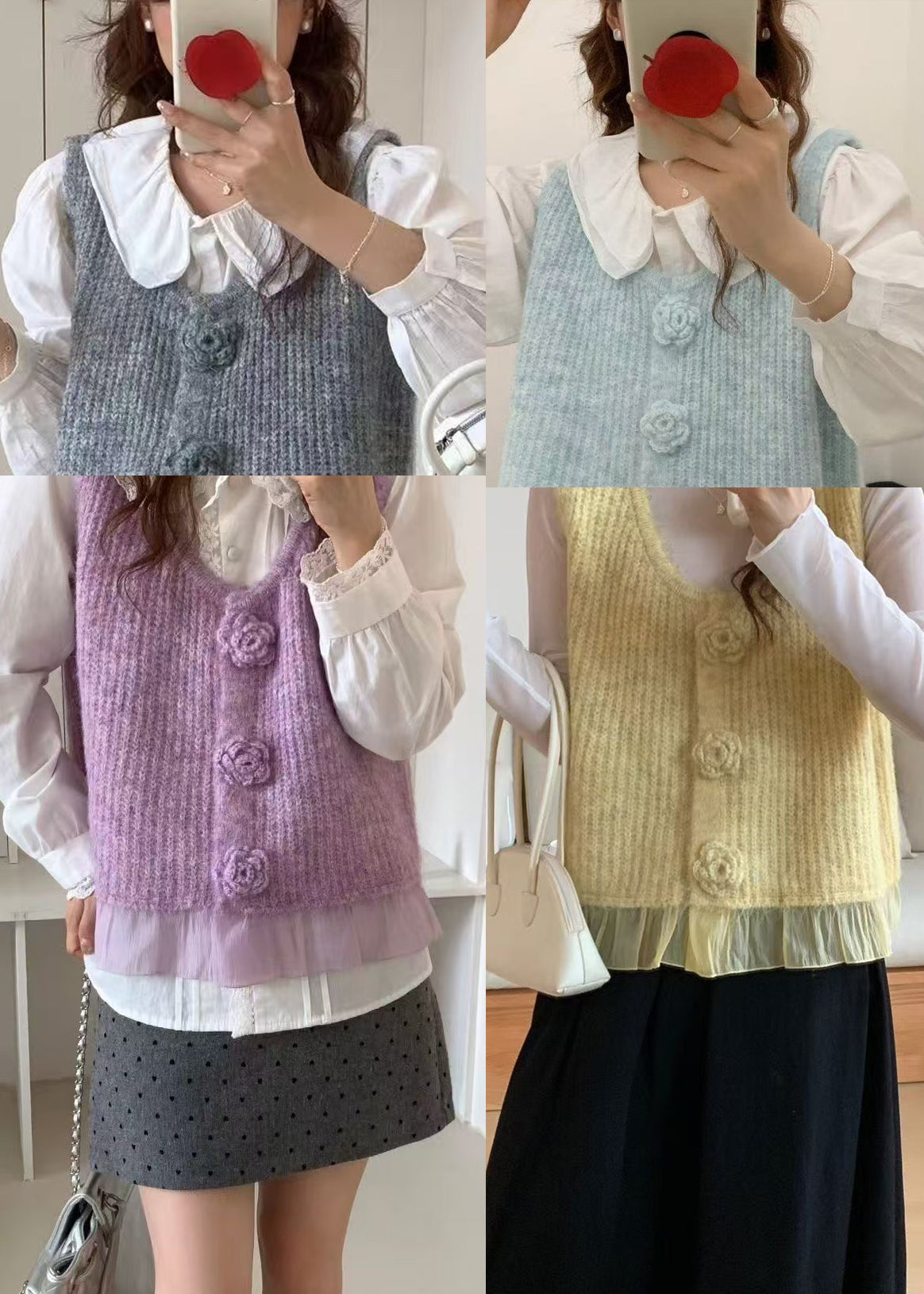 Art Yellow V Neck Floral Knit Vest Tops Spring