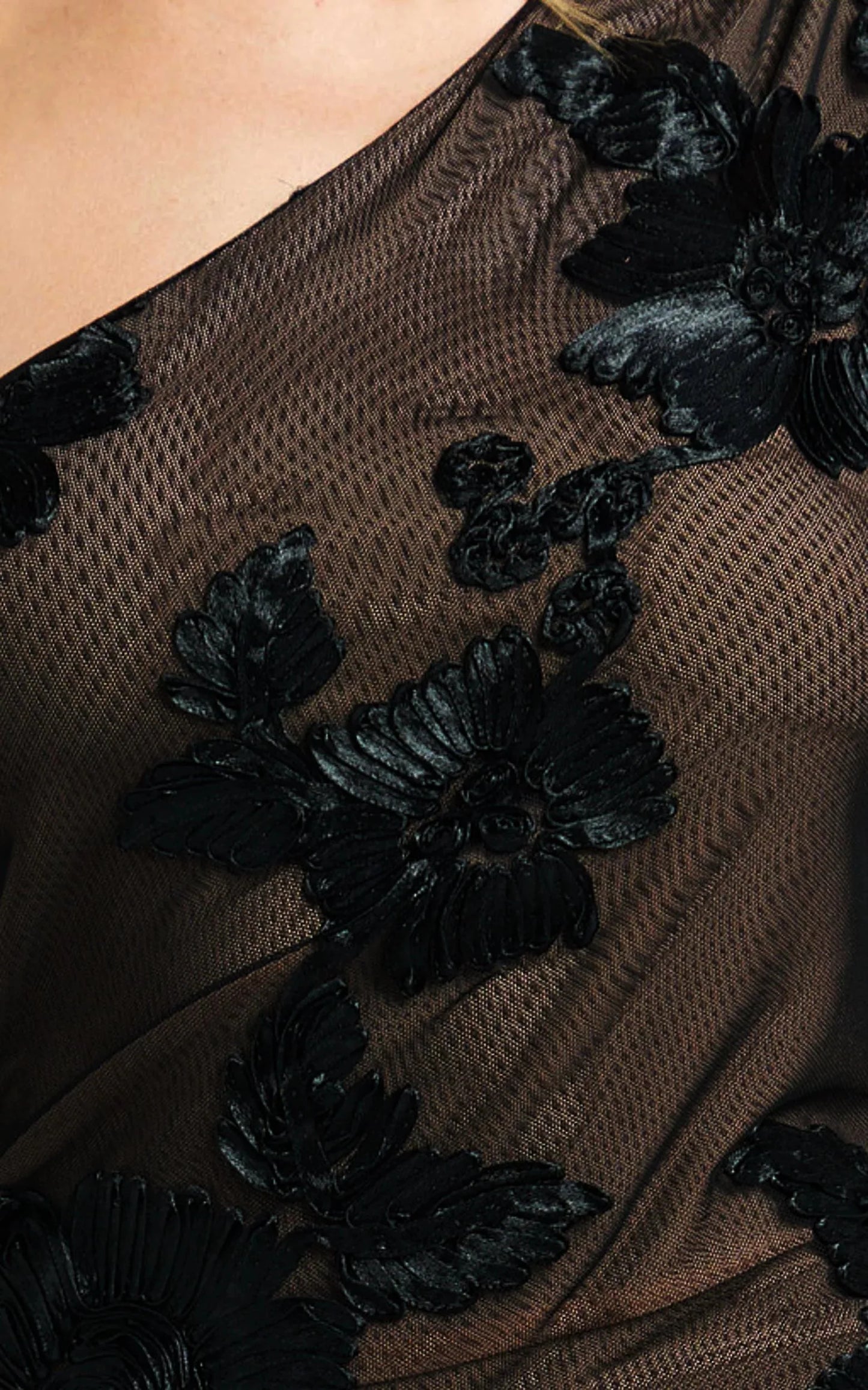 Shelby Maxi Dress One Shoulder Rosette Fitted Applique Dress in Black