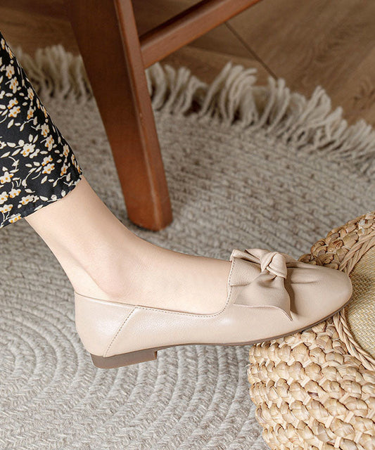 Beautiful Beige Cowhide Leather Soft Flats Splicing Bow