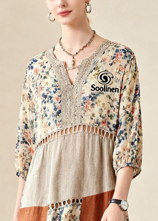 Beautiful Beige Print Patchwork Hollow Out Cotton Maxi Dress Summer