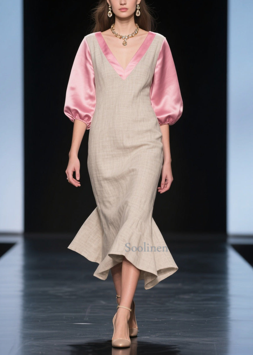 Beautiful Beige Puff Sleeve Patchwork Linen Silk Maxi Dress Summer