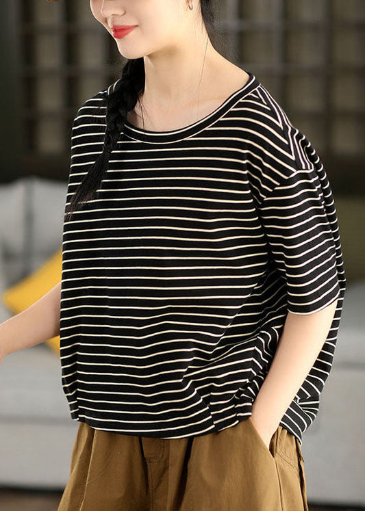Beautiful Blue O Neck Striped Plus Size Linen Top Summer