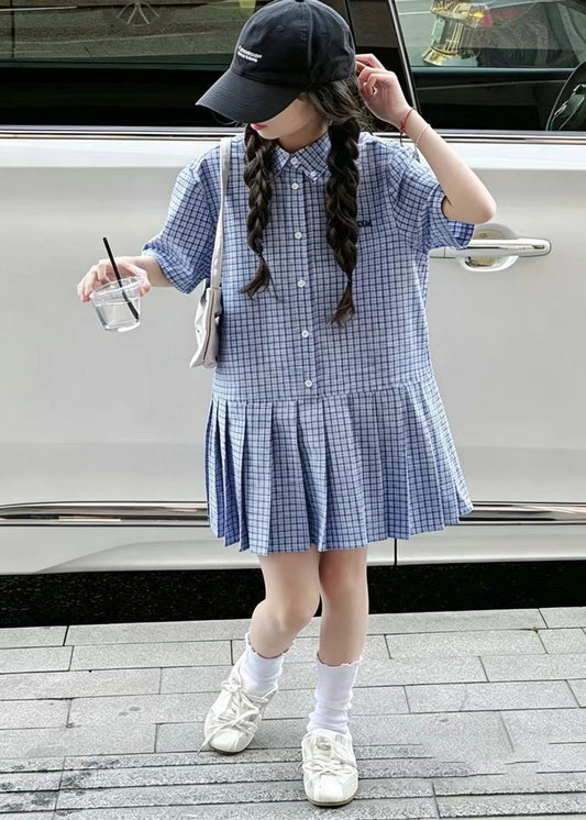 Beautiful Blue Oversized Plaid Cotton Baby Girls Day Dress Summer