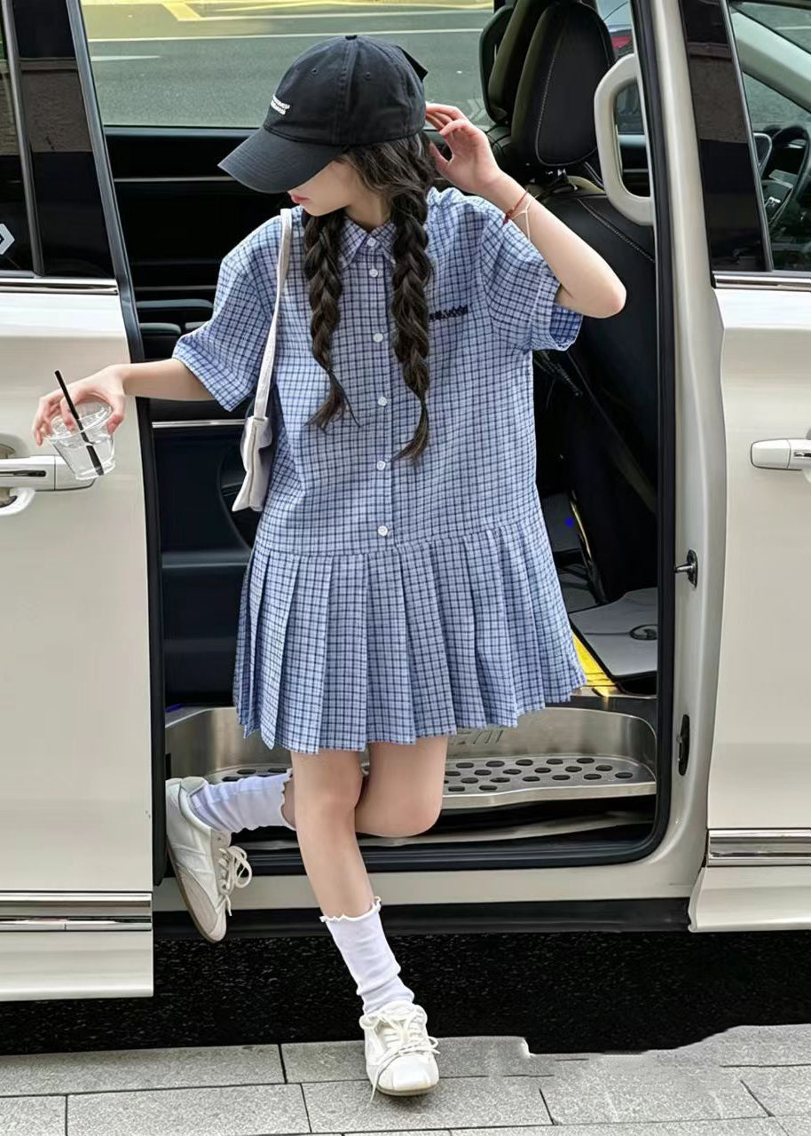Beautiful Blue Oversized Plaid Cotton Baby Girls Day Dress Summer