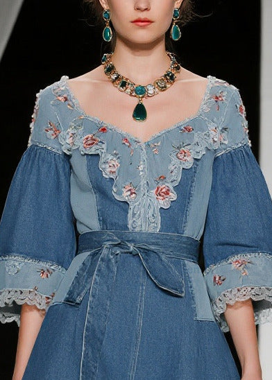 Beautiful Blue Tie Waist Patchwork Lace Denim Day Dress Summer