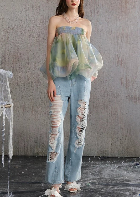 Beautiful Green Backless Print Chiffon Strapless Vests Summer