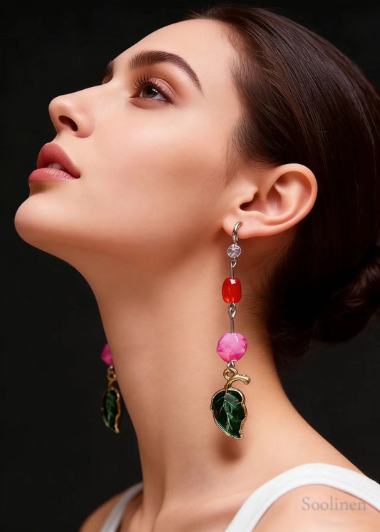 Beautiful Green Leaf Asymmetrical Jade Zircon Drop Earrings