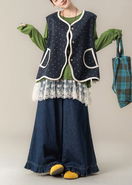 Beautiful Navy Print Vest T Shirt And Pants Cotton Three Pieces Set Spring