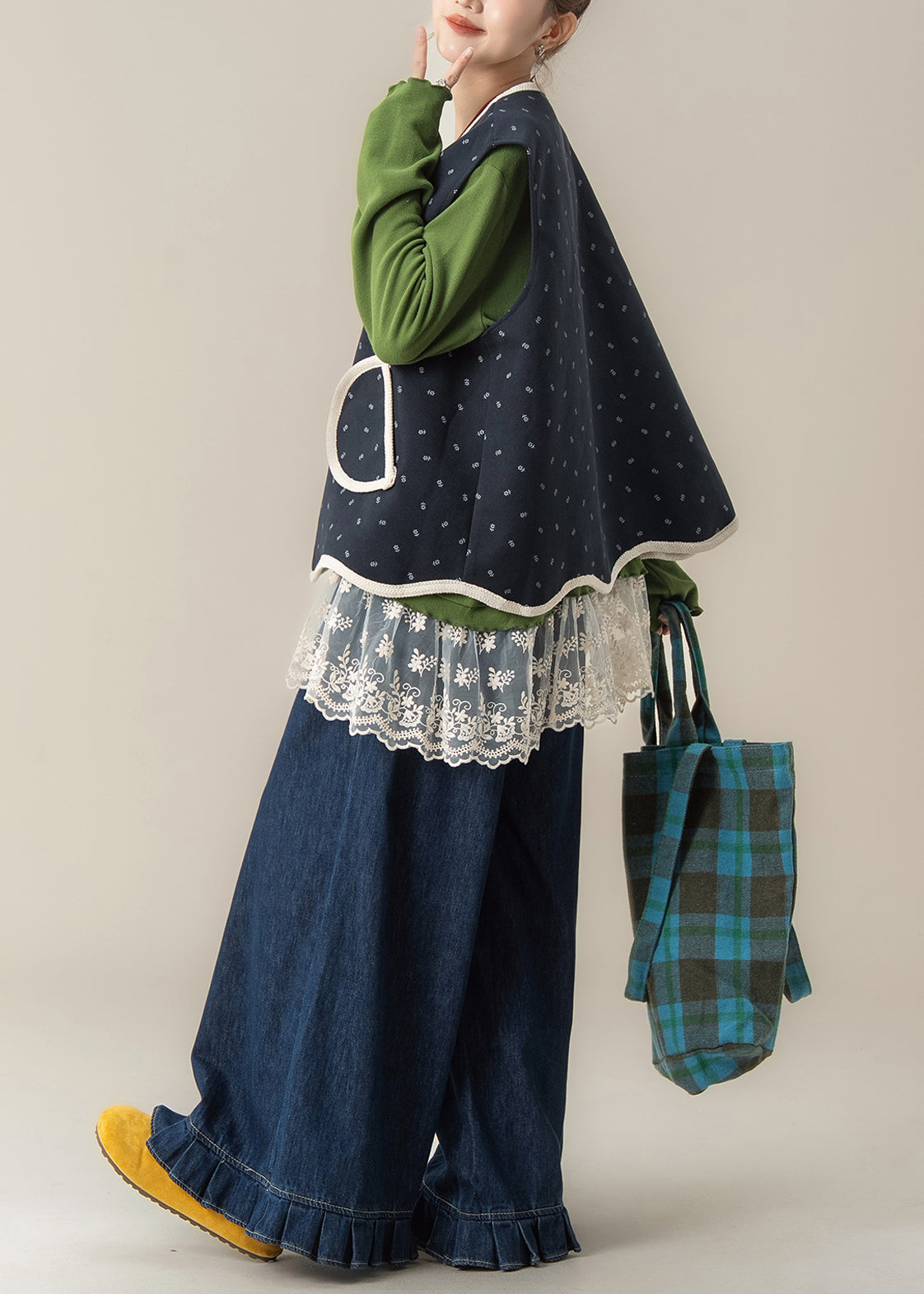 Beautiful Navy Print Vest T Shirt And Pants Cotton Three Pieces Set Spring