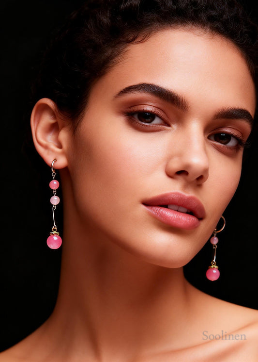 Beautiful Pink Beads Crystal Tassels Drop Earrings