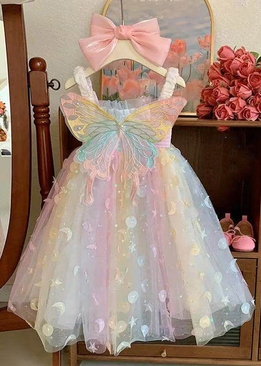 Beautiful Rainbow Wrinkled Patchwork Butterfly Tulle Kids Maxi Dress Sleeveless