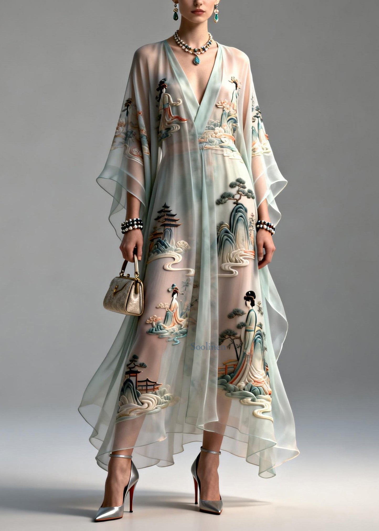 Beautiful V Neck Asymmetrical Design Print Chiffon Dress Summer