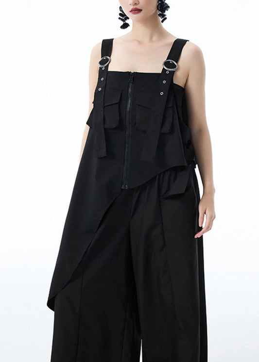Black Patchwork Stylish Top Shirt Asymmetrical Pockets Summer
