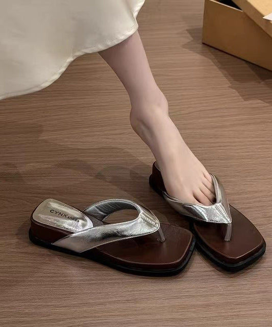 Black Wedge Faux Leather Comfortable Thong Sandals