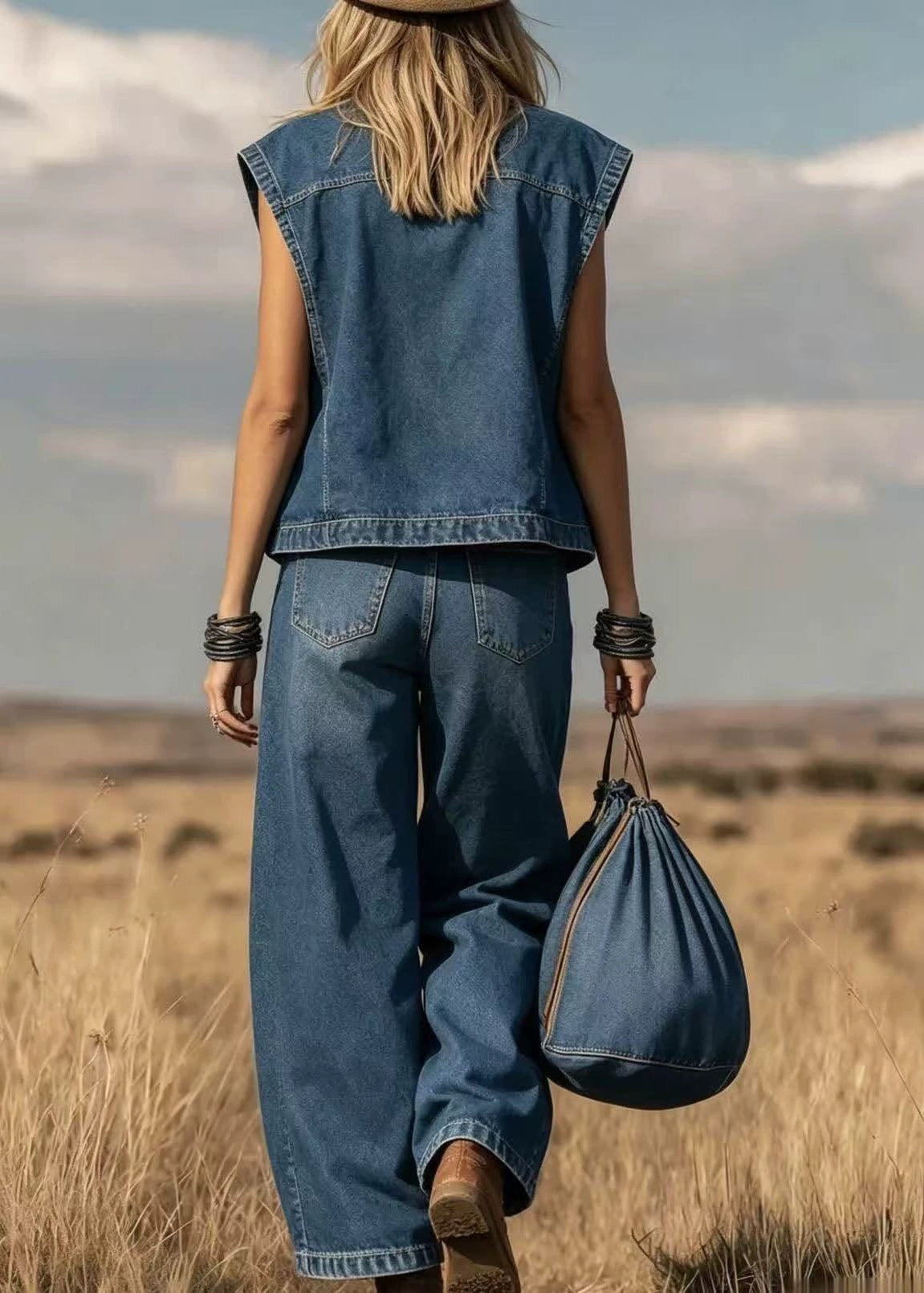 Bohemian Blue Stand Collar Oversized Denim Two Pieces Set Sleeveless