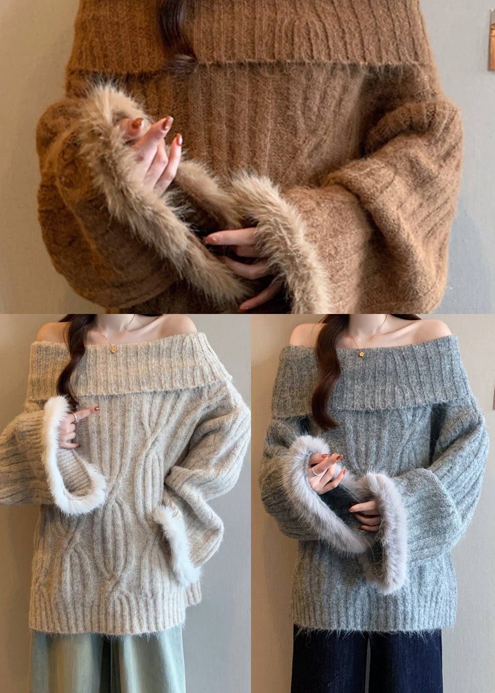 Bohemian Brown Cold Shoulder Patchwork Faux Fur Knitted Tops Winter