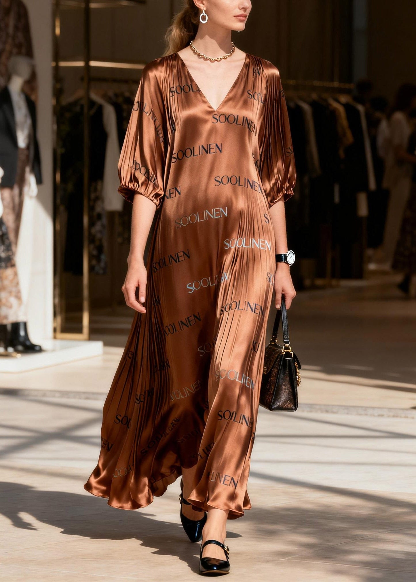 Bohemian Caramel Patchwork Silk Party Maxi Dress Lanter Sleeve