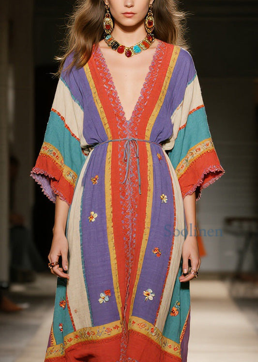 Bohemian Colorblock V Neck Floral Patchwork Cotton Dress Summer