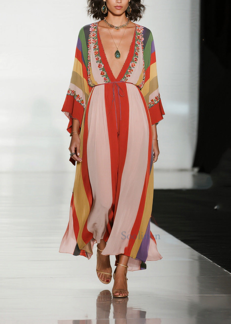 Bohemian Colorblock V Neck Print Chiffon Holiday Dress Summer