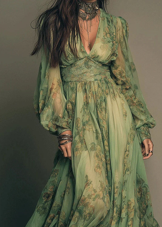Bohemian Green V Neck Print Chiffon Long Dress Summer